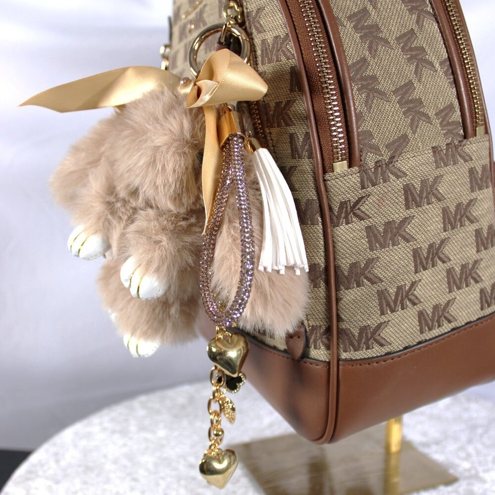 Faux Fur Bunny Bag Charm Gold Keychain Tassel Rhinestone Loop Boutique Style - Picture 3 of 4